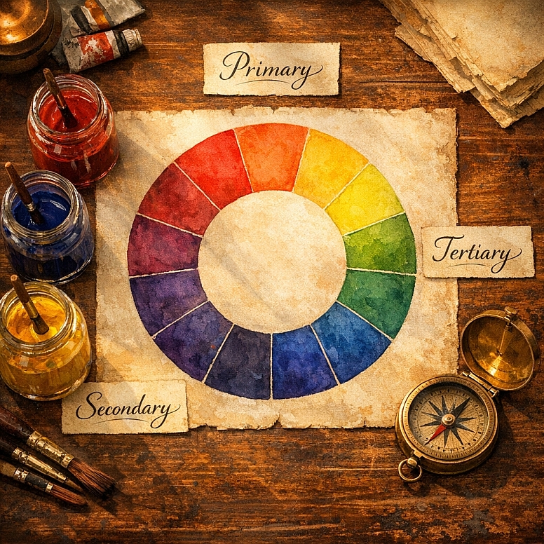artists workspace with color wheel