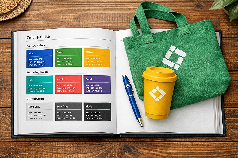 brand style guide with colourful accessories