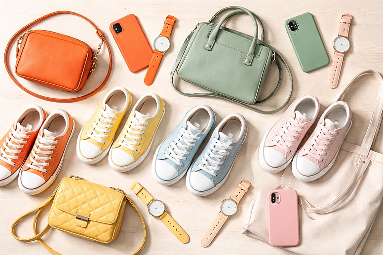 colourful accessories flat lay display