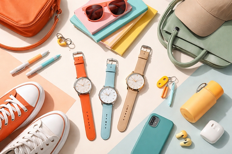 colourful accessories on pastel backdrop