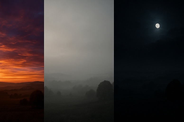 countryside at dusk through three phases