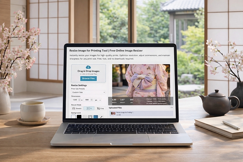 laptop and cherry blossoms in serene room