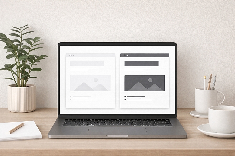 minimalist workspace with wireframe designs