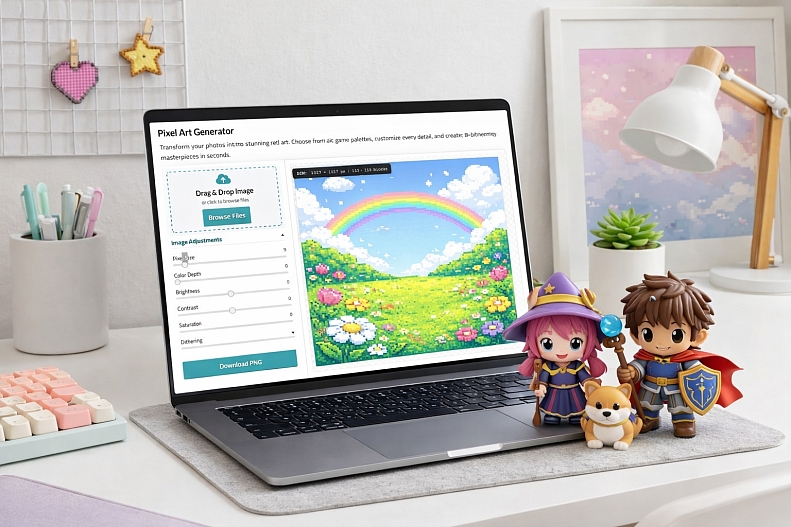 pastel desk with pixel art creations