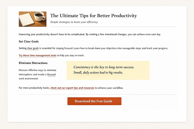 productivity tips blog layout design