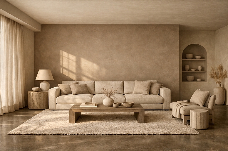 serene greige living room in sunlight