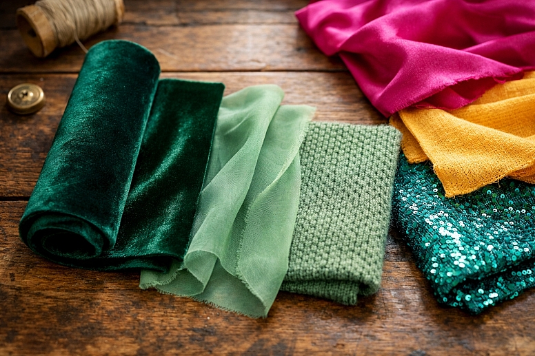 textured fabric arrangements on wooden table