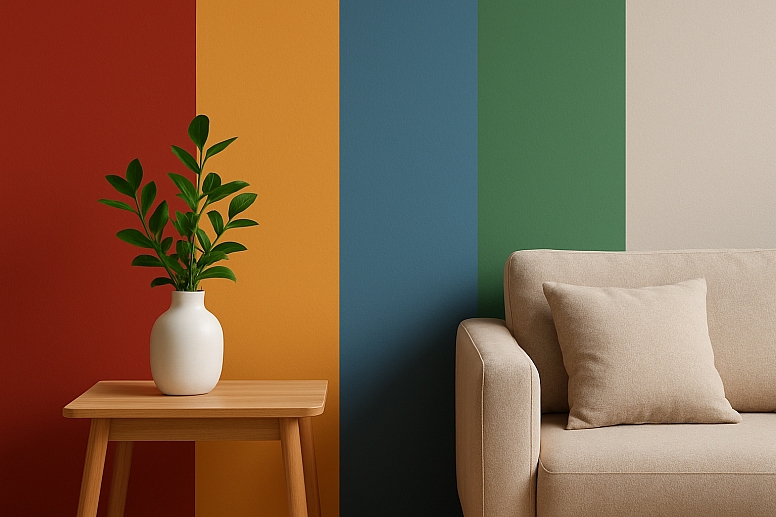vibrant wall with minimalist furniture